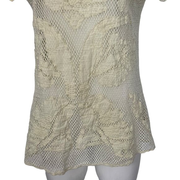 Anthropologie Lilka Mesh Appliqued Tunic Top S Cream Coverup Cap Sleeve Bohemian - Picture 8 of 11